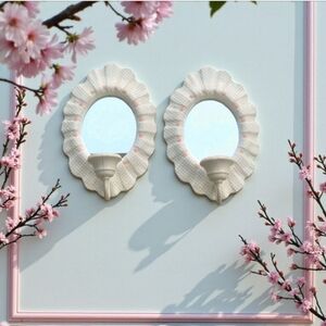 Vintage Home Interior White and Pink Wall Mirror Set With Candle Holders